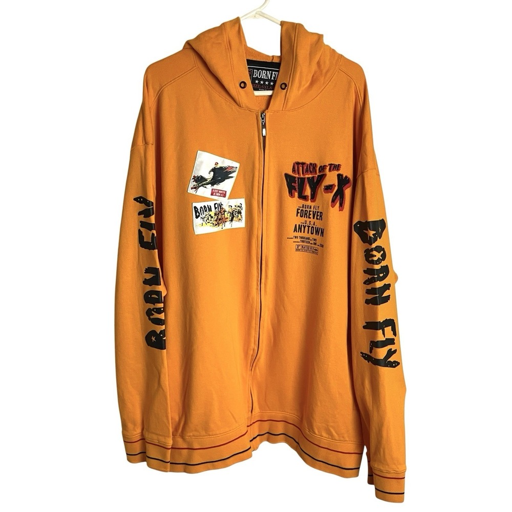 Born Fly Mens Hoodie Sweatshirt Size 5XL Orange Full Zip Attack of the Fly-X‎